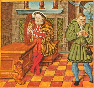 Henry VIII in old age, playing harp, with his fool, Will Summers; from The King's Psalter, British Library